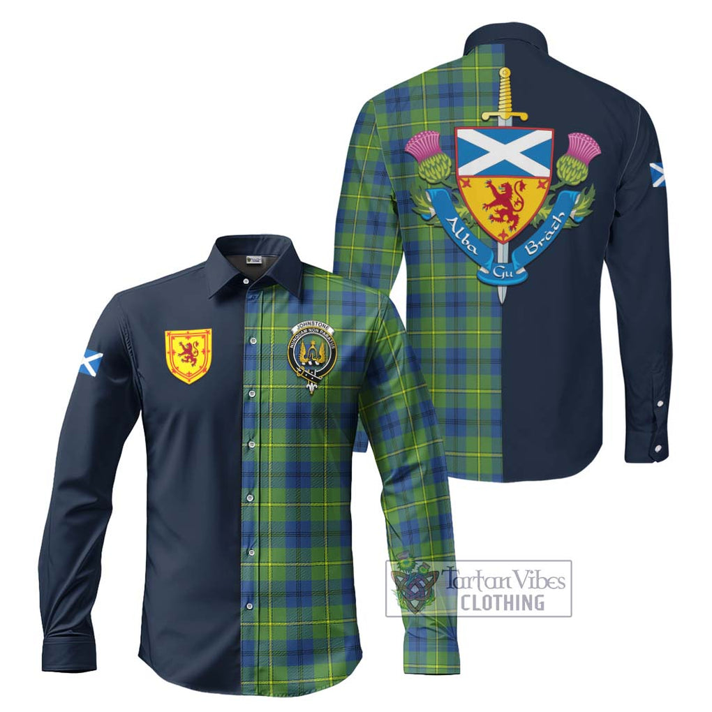 Tartan Vibes Clothing Johnstone Ancient Tartan Long Sleeve Button Shirt with Scottish Lion Royal Arm Half Style