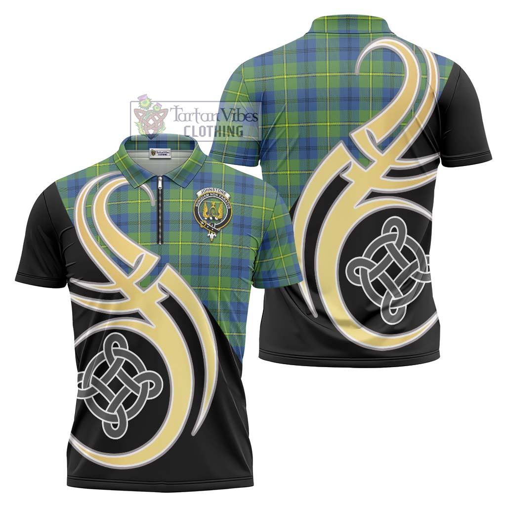 Tartan Vibes Clothing Johnstone Ancient Tartan Zipper Polo Shirt with Family Crest and Celtic Symbol Style