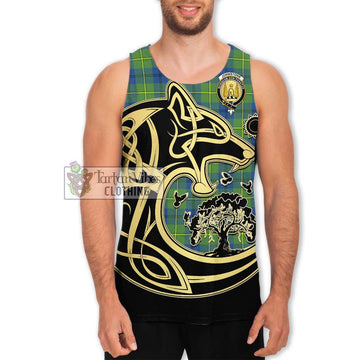 Johnstone Ancient Tartan Men's Tank Top with Family Crest Celtic Wolf Style