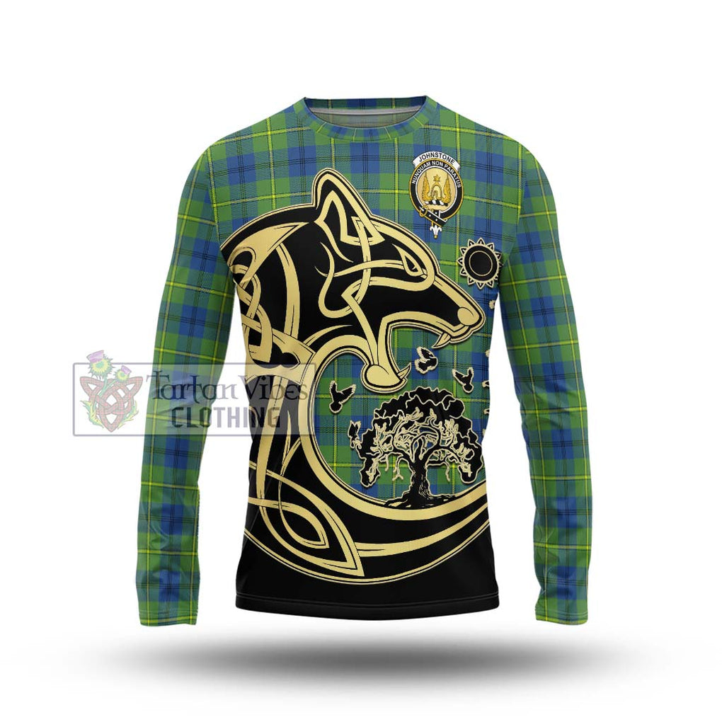 Johnstone Ancient Tartan Long Sleeve T-Shirt with Family Crest Celtic Wolf Style Unisex - Tartan Vibes Clothing