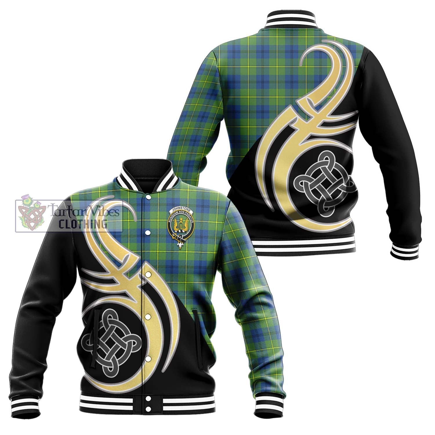 Johnstone Ancient Tartan Baseball Jacket with Family Crest and Celtic Symbol Style Unisex - Tartan Vibes Clothing