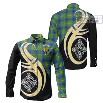 Johnstone Ancient Tartan Long Sleeve Button Shirt with Family Crest and Celtic Symbol Style