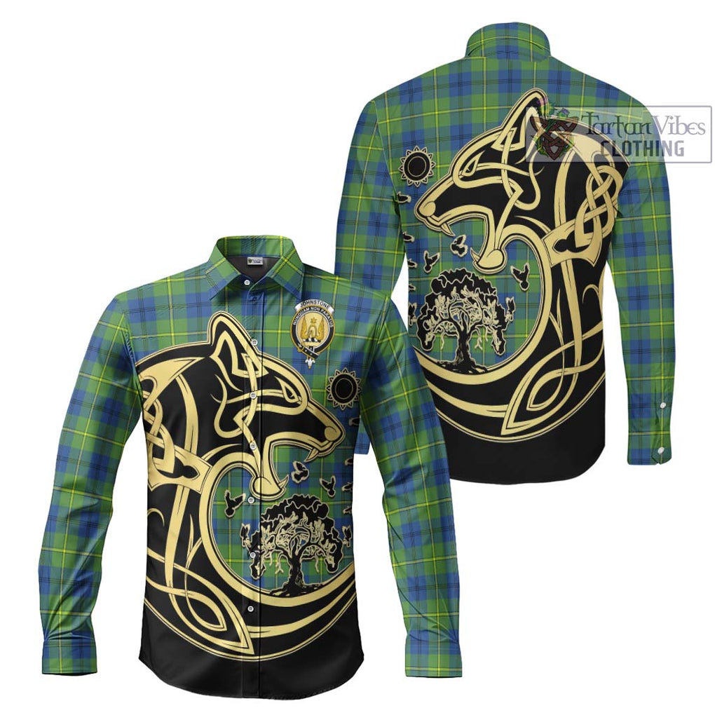 Johnstone Ancient Tartan Long Sleeve Button Shirt with Family Crest Celtic Wolf Style Men's Shirt S - Tartan Vibes Clothing