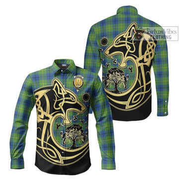 Johnstone Ancient Tartan Long Sleeve Button Shirt with Family Crest Celtic Wolf Style