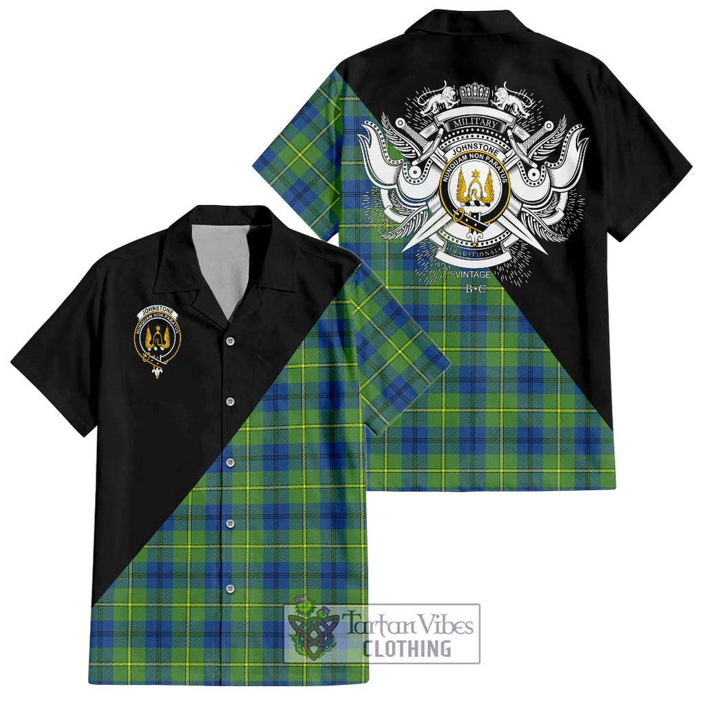 Johnstone Ancient Tartan Short Sleeve Button Shirt with Family Crest and Military Logo Style Kid - Tartanvibesclothing Shop