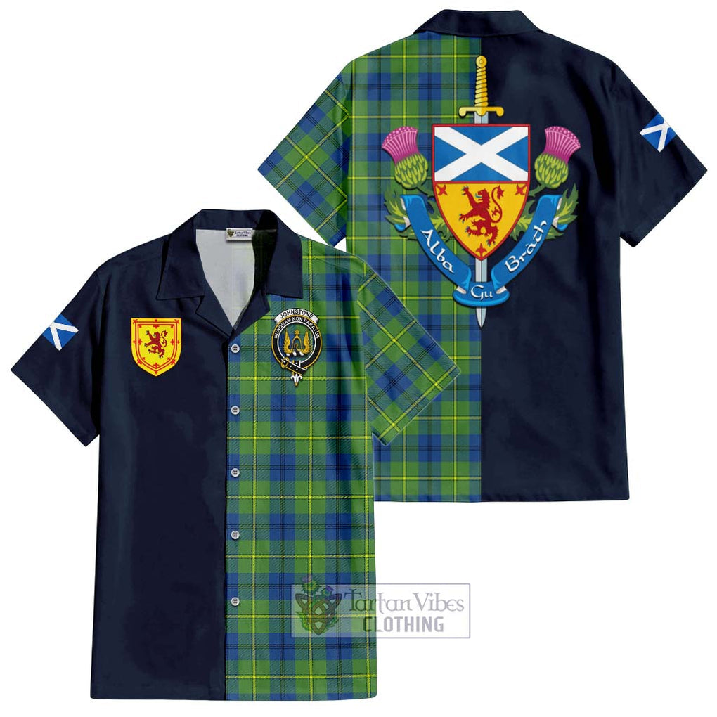 Tartan Vibes Clothing Johnstone Ancient Tartan Short Sleeve Button Shirt with Scottish Lion Royal Arm Half Style