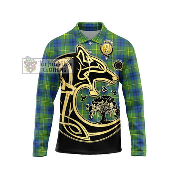 Johnstone Ancient Tartan Long Sleeve Polo Shirt with Family Crest Celtic Wolf Style