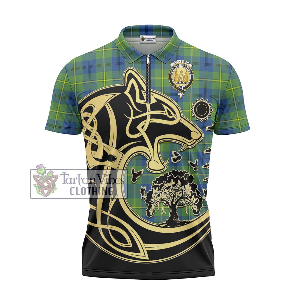 Johnstone Ancient Tartan Zipper Polo Shirt with Family Crest Celtic Wolf Style - Tartanvibesclothing Shop