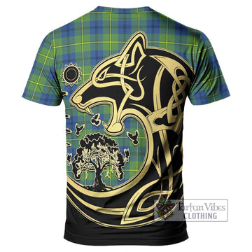 Johnstone Ancient Tartan T-Shirt with Family Crest Celtic Wolf Style