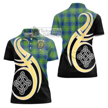 Johnstone Ancient Tartan Women's Polo Shirt with Family Crest and Celtic Symbol Style