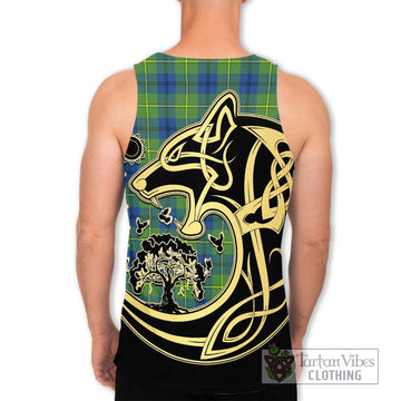 Johnstone Ancient Tartan Men's Tank Top with Family Crest Celtic Wolf Style