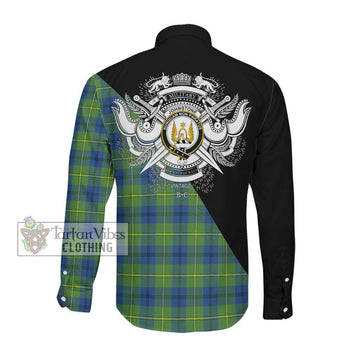 Johnstone Ancient Tartan Long Sleeve Button Shirt with Family Crest and Military Logo Style