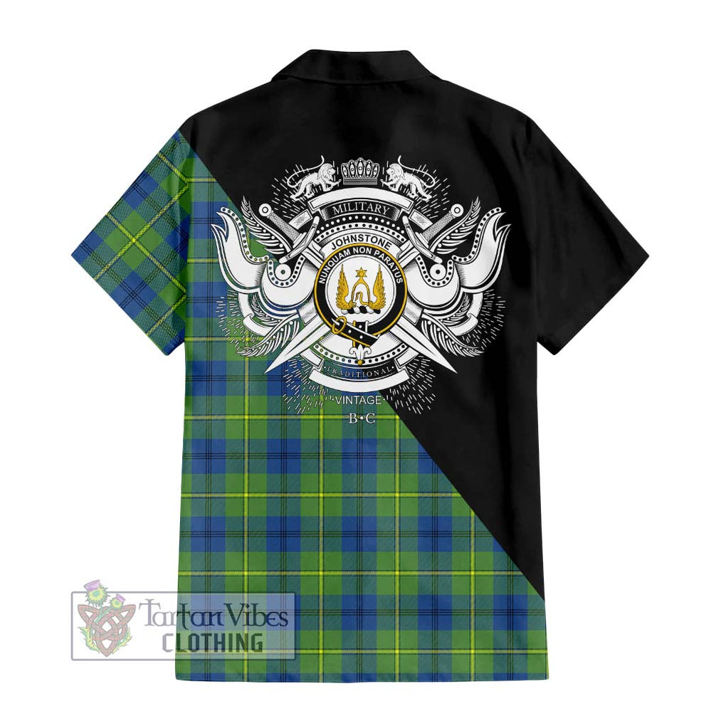 Johnstone Ancient Tartan Short Sleeve Button Shirt with Family Crest and Military Logo Style - Tartanvibesclothing Shop