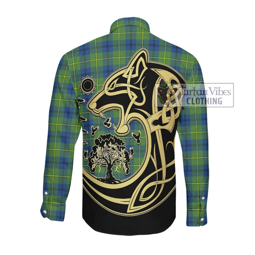 Johnstone Ancient Tartan Long Sleeve Button Shirt with Family Crest Celtic Wolf Style Men's Shirt - Tartan Vibes Clothing