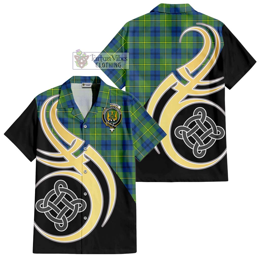 Johnstone Ancient Tartan Short Sleeve Button Shirt with Family Crest and Celtic Symbol Style - Tartan Vibes Clothing