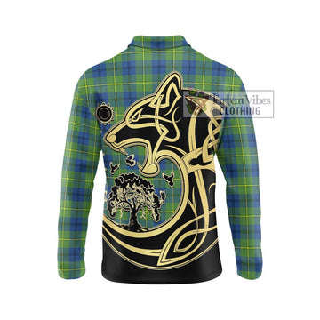 Johnstone Ancient Tartan Long Sleeve Polo Shirt with Family Crest Celtic Wolf Style