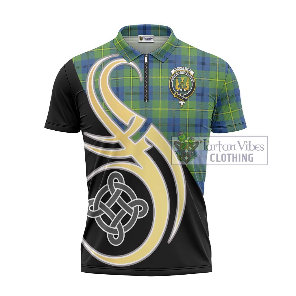 Tartan Vibes Clothing Johnstone Ancient Tartan Zipper Polo Shirt with Family Crest and Celtic Symbol Style