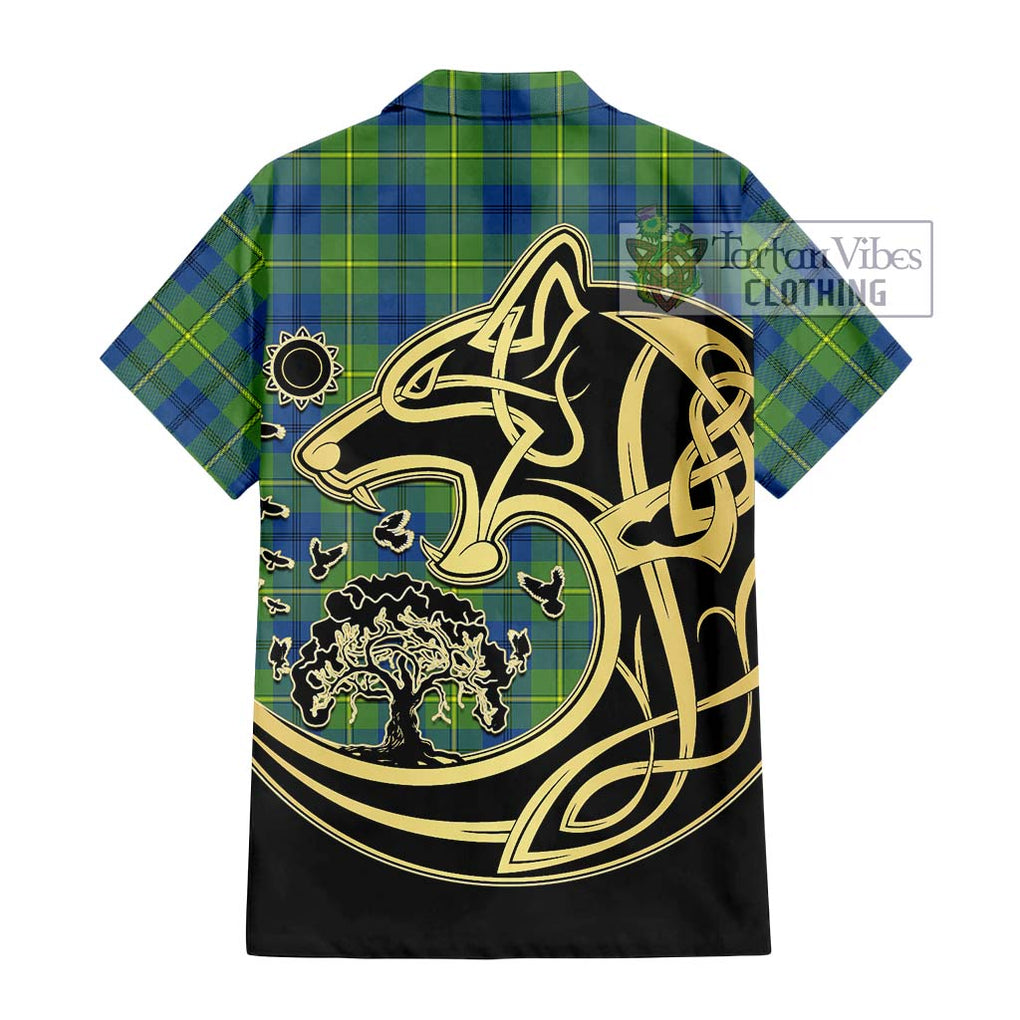 Johnstone Ancient Tartan Short Sleeve Button Shirt with Family Crest Celtic Wolf Style - Tartan Vibes Clothing