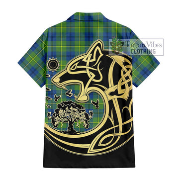 Johnstone Ancient Tartan Short Sleeve Button Shirt with Family Crest Celtic Wolf Style