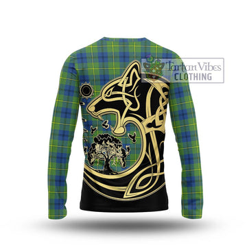 Johnstone Ancient Tartan Long Sleeve T-Shirt with Family Crest Celtic Wolf Style