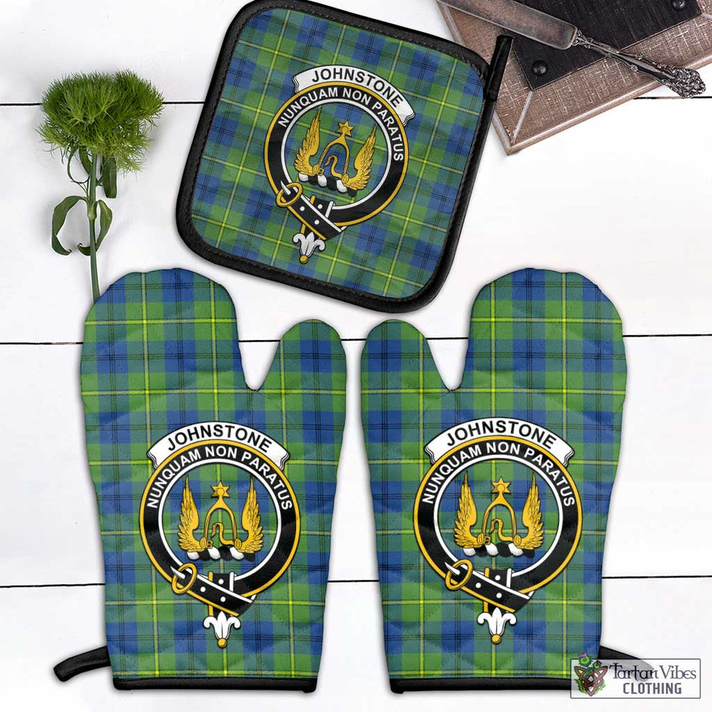 Johnstone Ancient Tartan Combo Oven Mitt & Pot-Holder with Family Crest Combo 1 Oven Mitt & 1 Pot-Holder Black - Tartan Vibes Clothing