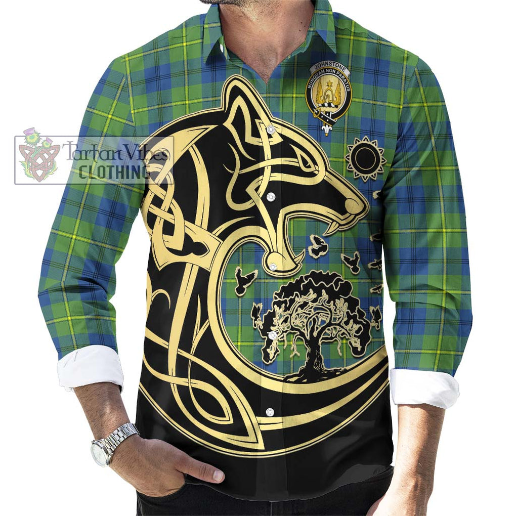 Johnstone Ancient Tartan Long Sleeve Button Shirt with Family Crest Celtic Wolf Style - Tartan Vibes Clothing