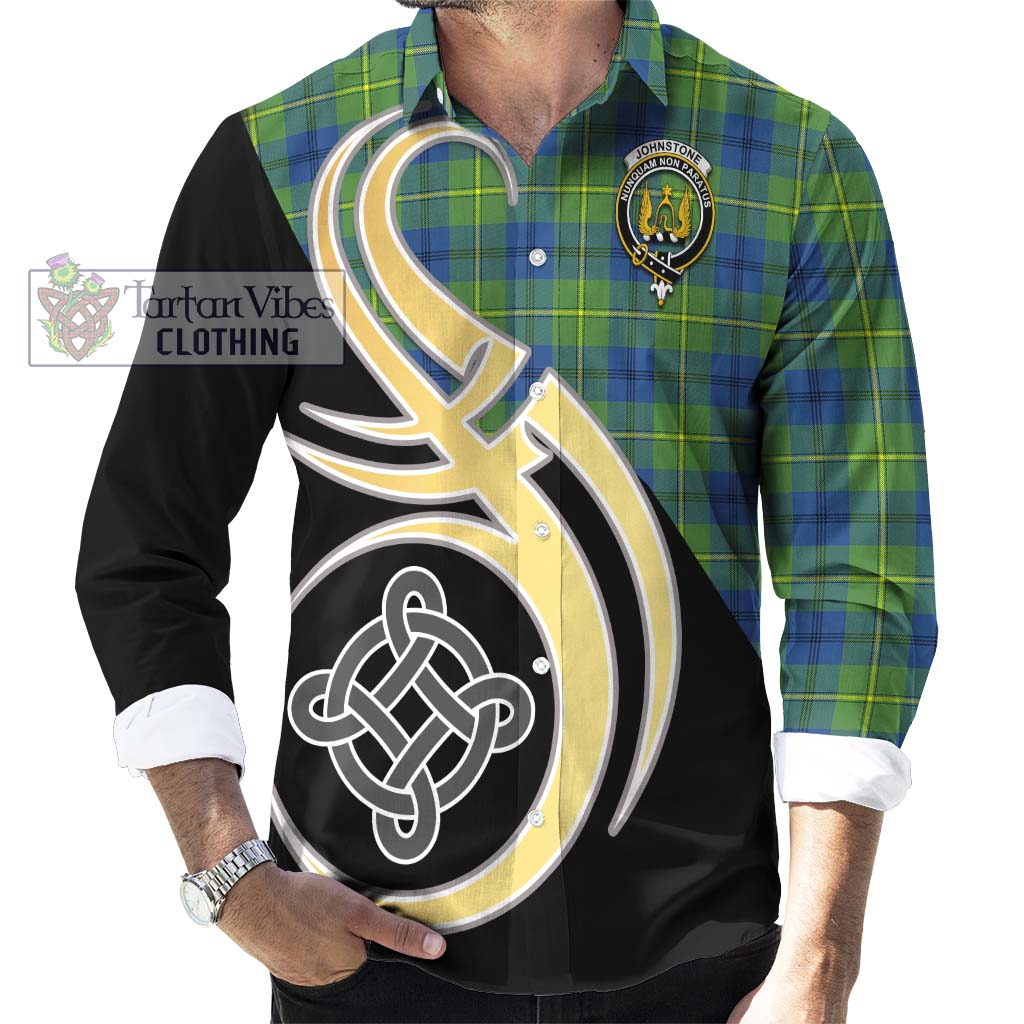 Johnstone Ancient Tartan Long Sleeve Button Shirt with Family Crest and Celtic Symbol Style - Tartan Vibes Clothing