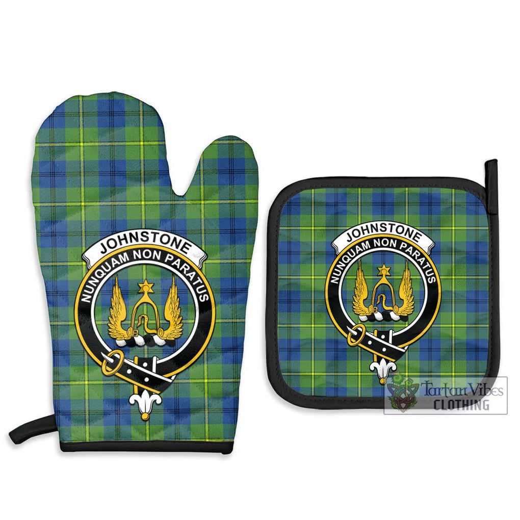 Johnstone Ancient Tartan Combo Oven Mitt & Pot-Holder with Family Crest Combo 1 Oven Mitt & 2 Pot-Holder Black - Tartan Vibes Clothing