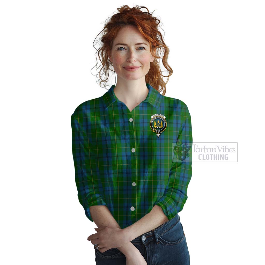 Tartan Vibes Clothing Johnstone (Johnston) Tartan Women's Casual Shirt with Family Crest Celtic Skull Style