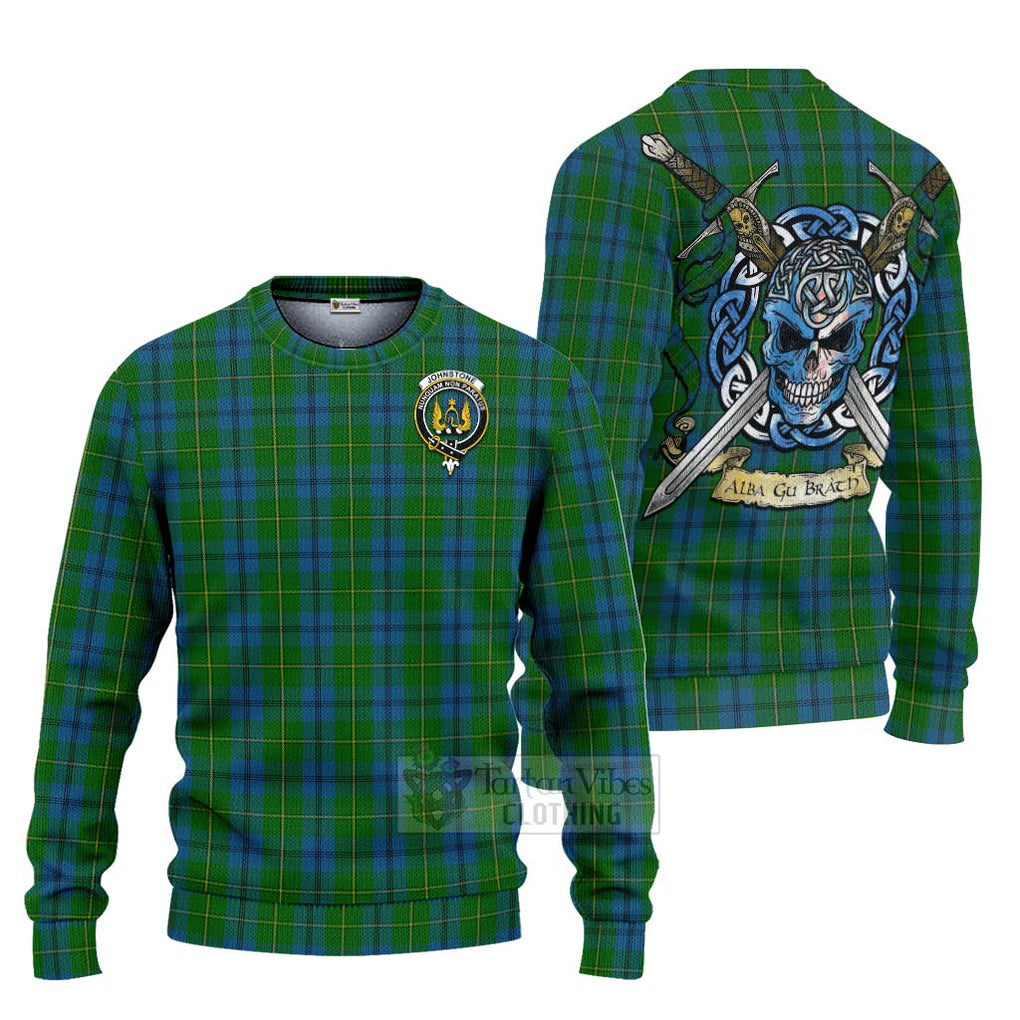 Tartan Vibes Clothing Johnstone (Johnston) Tartan Knitted Sweater with Family Crest Celtic Skull Style