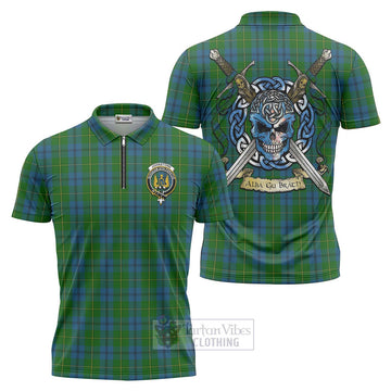 Johnstone (Johnston) Tartan Zipper Polo Shirt with Family Crest Celtic Skull Style