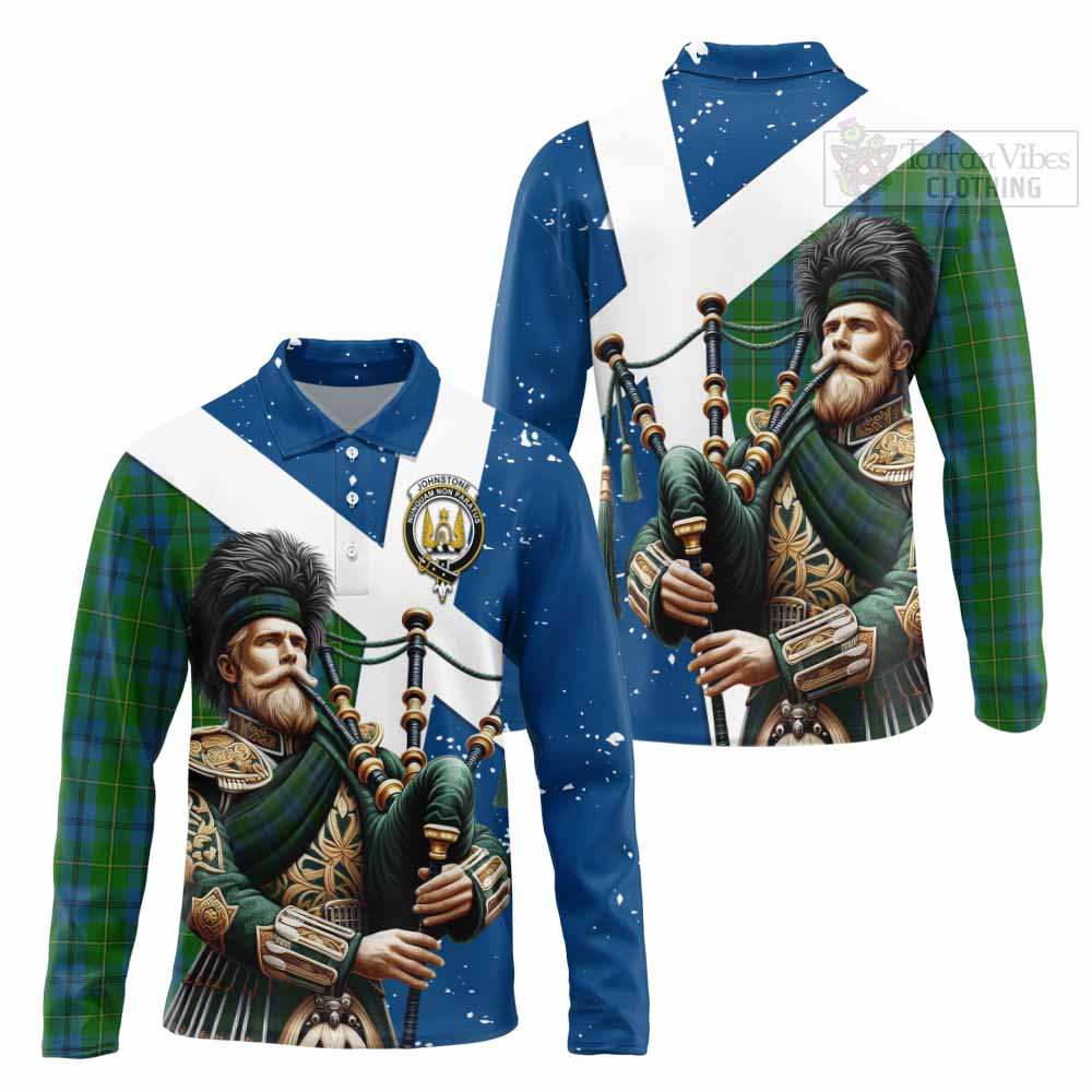 Tartan Vibes Clothing Johnstone (Johnston) Tartan Long Sleeve Polo Shirt with Family Crest Scottish Bagpiper Vibes