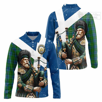 Johnstone (Johnston) Tartan Long Sleeve Polo Shirt with Family Crest Scottish Bagpiper Vibes