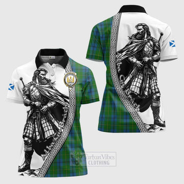 Johnstone (Johnston) Tartan Clan Crest Women's Polo Shirt with Highlander Warrior Celtic Style