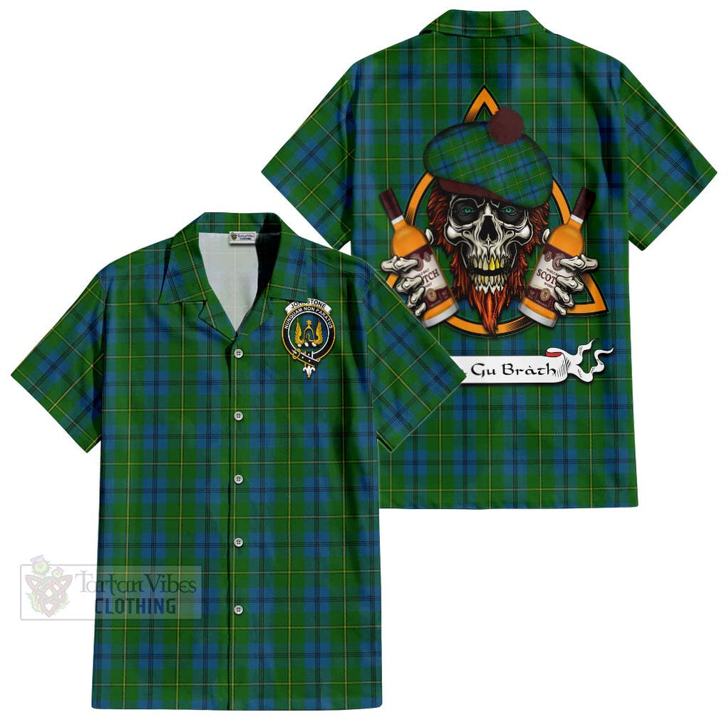 Tartan Vibes Clothing Johnstone (Johnston) Tartan Short Sleeve Button Shirt with Family Crest and Bearded Skull Holding Bottles of Whiskey