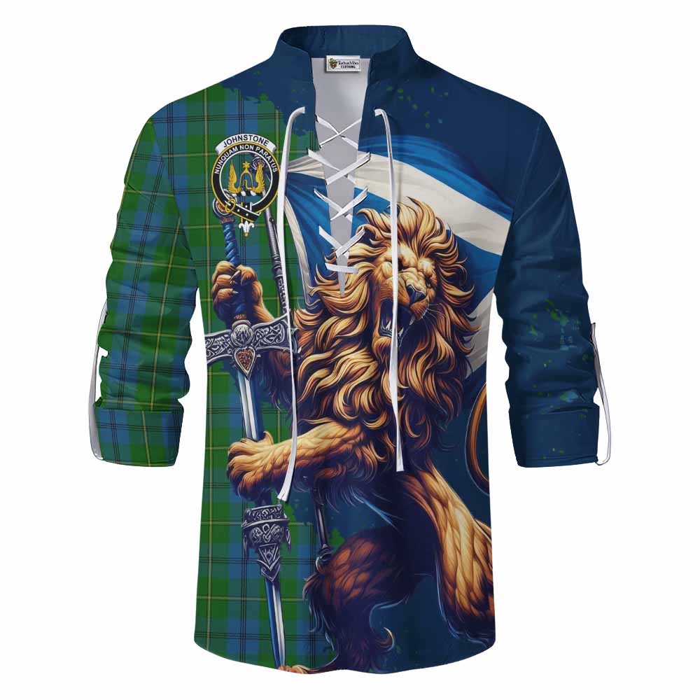 Tartan Vibes Clothing Johnstone (Johnston) Tartan Family Crest Ghillie Kilt Shirt with Scottish Majestic Lion