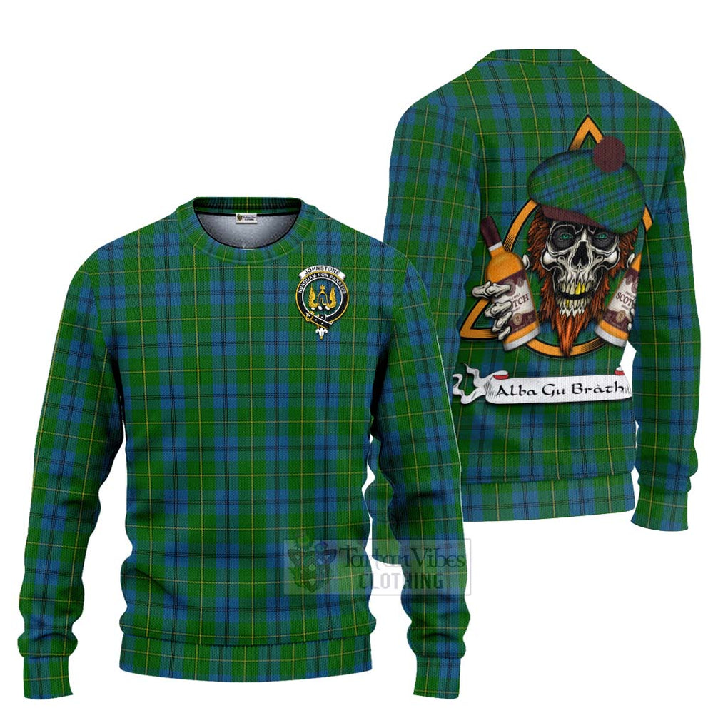 Tartan Vibes Clothing Johnstone (Johnston) Tartan Knitted Sweater with Family Crest and Bearded Skull Holding Bottles of Whiskey