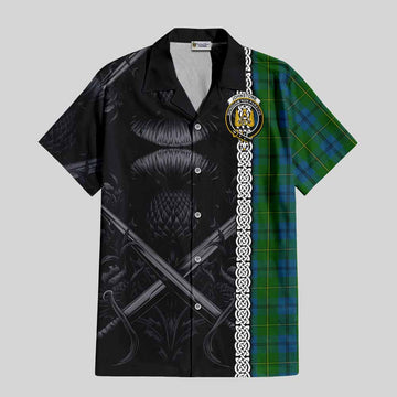 Johnstone (Johnston) Tartan Short Sleeve Button Shirt with Family Crest Cross Sword Thistle Celtic Vibes