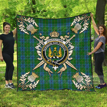 Johnstone (Johnston) Tartan Quilt with Family Crest and Golden Thistle Crossed Sword Design