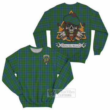 Johnstone (Johnston) Tartan Sweatshirt with Family Crest and Bearded Skull Holding Bottles of Whiskey