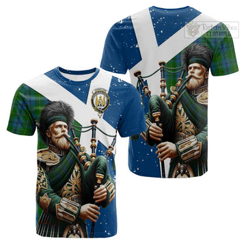 Johnstone (Johnston) Tartan Cotton T-shirt with Family Crest Scottish Bagpiper Vibes