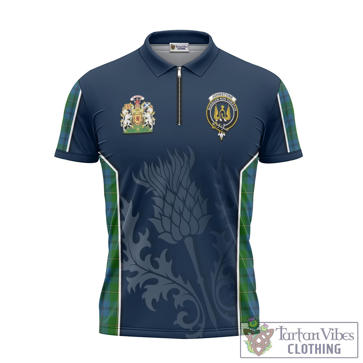 Tartan Vibes Clothing Johnstone-Johnston Tartan Zipper Polo Shirt with Family Crest and Scottish Thistle Vibes Sport Style