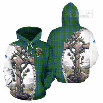 Johnstone (Johnston) Tartan Hoodie with Family Crest and St. Andrew's Cross Accented by Thistle Vines