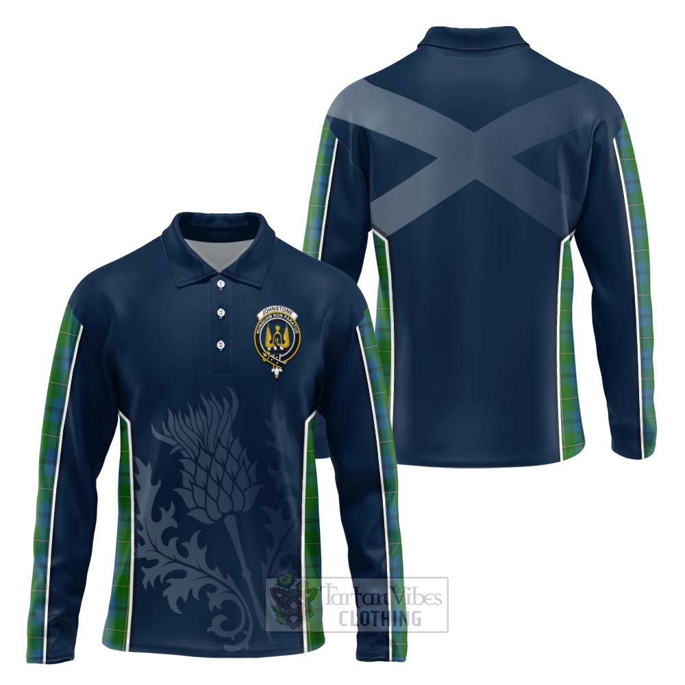 Tartan Vibes Clothing Johnstone (Johnston) Tartan Long Sleeve Polo Shirt with Family Crest and Scottish Thistle Vibes Sport Style