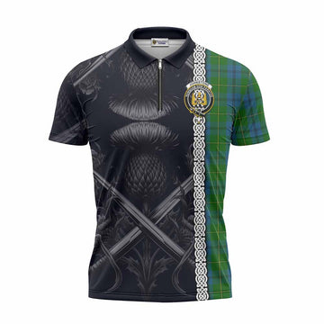 Johnstone (Johnston) Tartan Zipper Polo Shirt with Family Crest Cross Sword Thistle Celtic Vibes