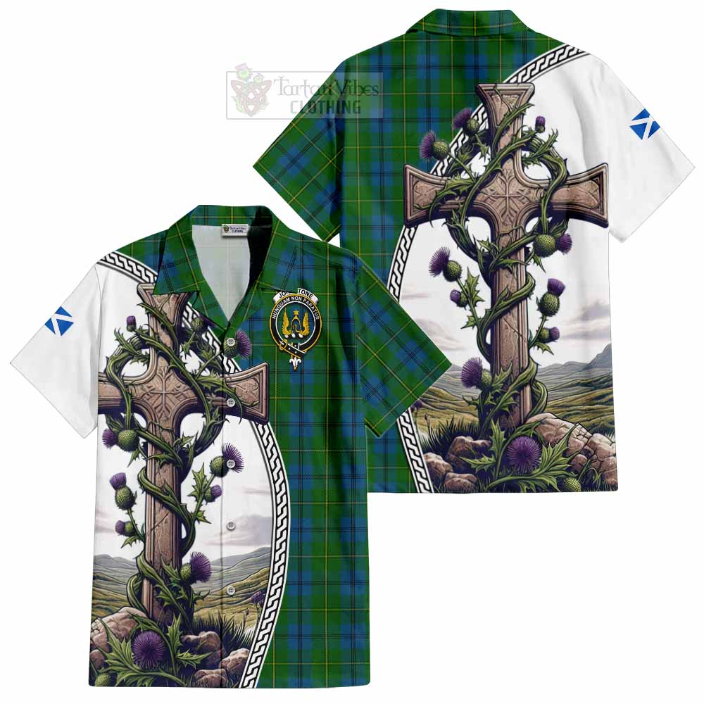 Tartan Vibes Clothing Johnstone (Johnston) Tartan Short Sleeve Button Shirt with Family Crest and St. Andrew's Cross Accented by Thistle Vines