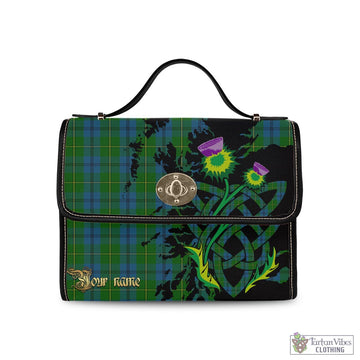 Johnstone (Johnston) Tartan Waterproof Canvas Bag with Scotland Map and Thistle Celtic Accents