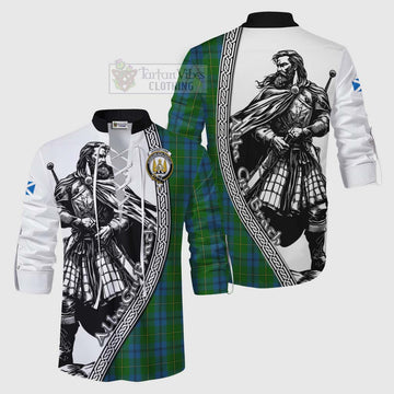 Johnstone (Johnston) Tartan Clan Crest Ghillie Kilt Shirt with Highlander Warrior Celtic Style