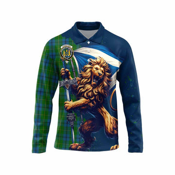 Johnstone (Johnston) Tartan Family Crest Long Sleeve Polo Shirt with Scottish Majestic Lion