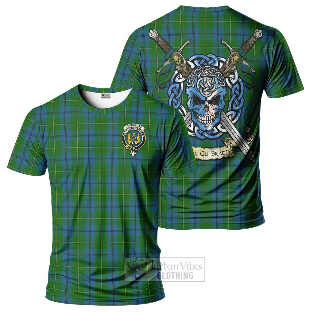 Tartan Vibes Clothing Johnstone (Johnston) Tartan T-Shirt with Family Crest Celtic Skull Style